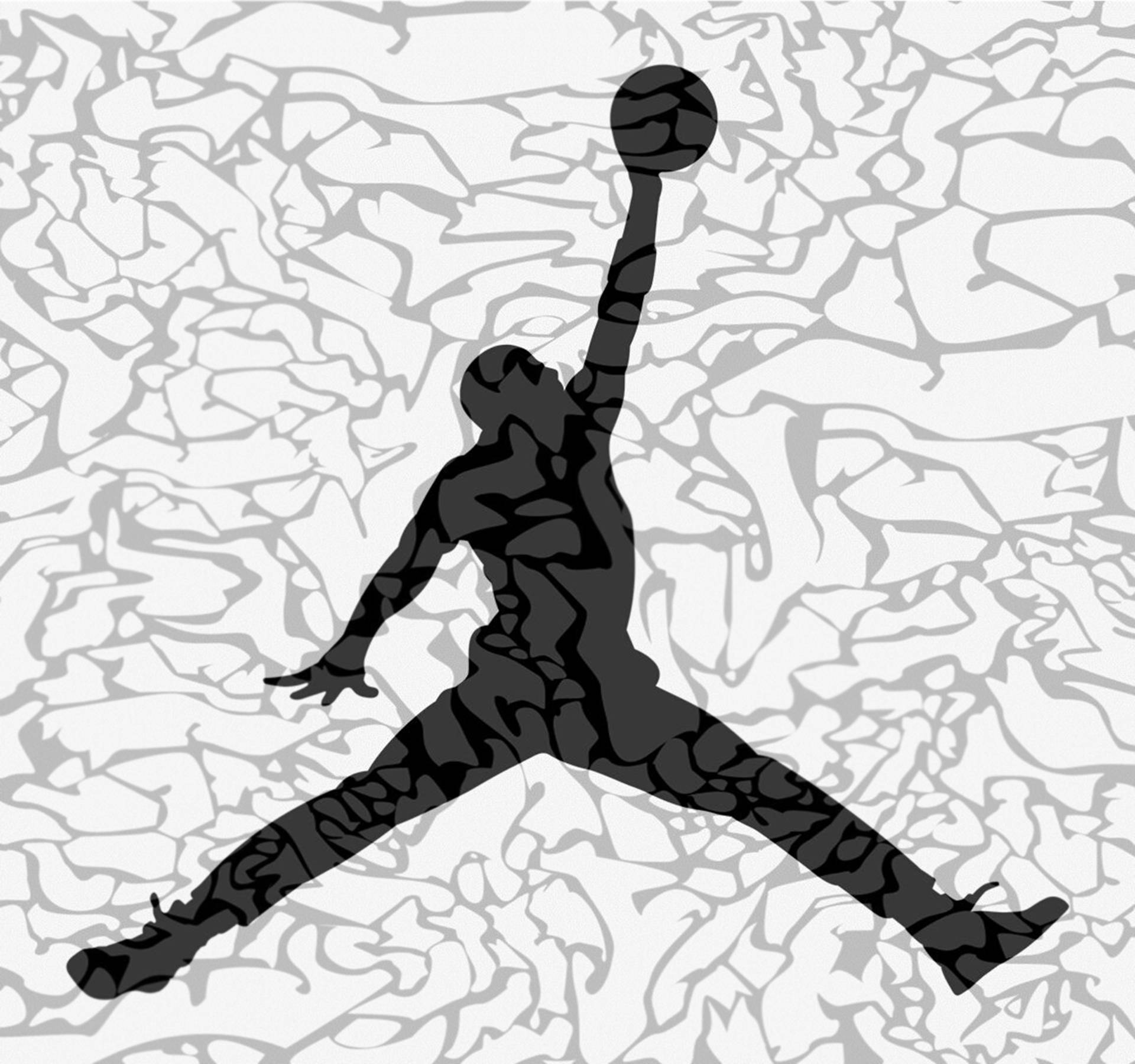 Air Jordan 桌布 壁紙 — 一個動態的黑色剪影，描繪籃球運動員在半空中灌籃，背景為紋理灰白抽象圖案。