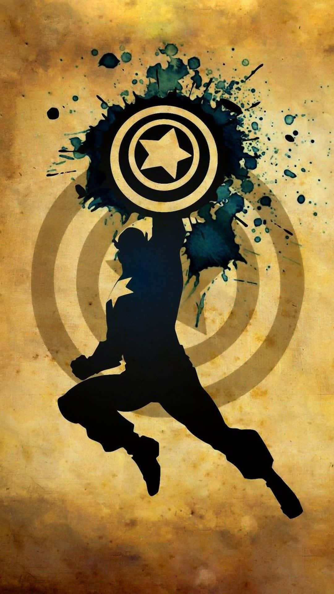 Retro Captain America 桌布 壁紙 — 一個動態的黑色剪影，美國隊長向前躍進，盾牌高舉，背景是帶有藍色油漆飛濺的紋理復古背景。