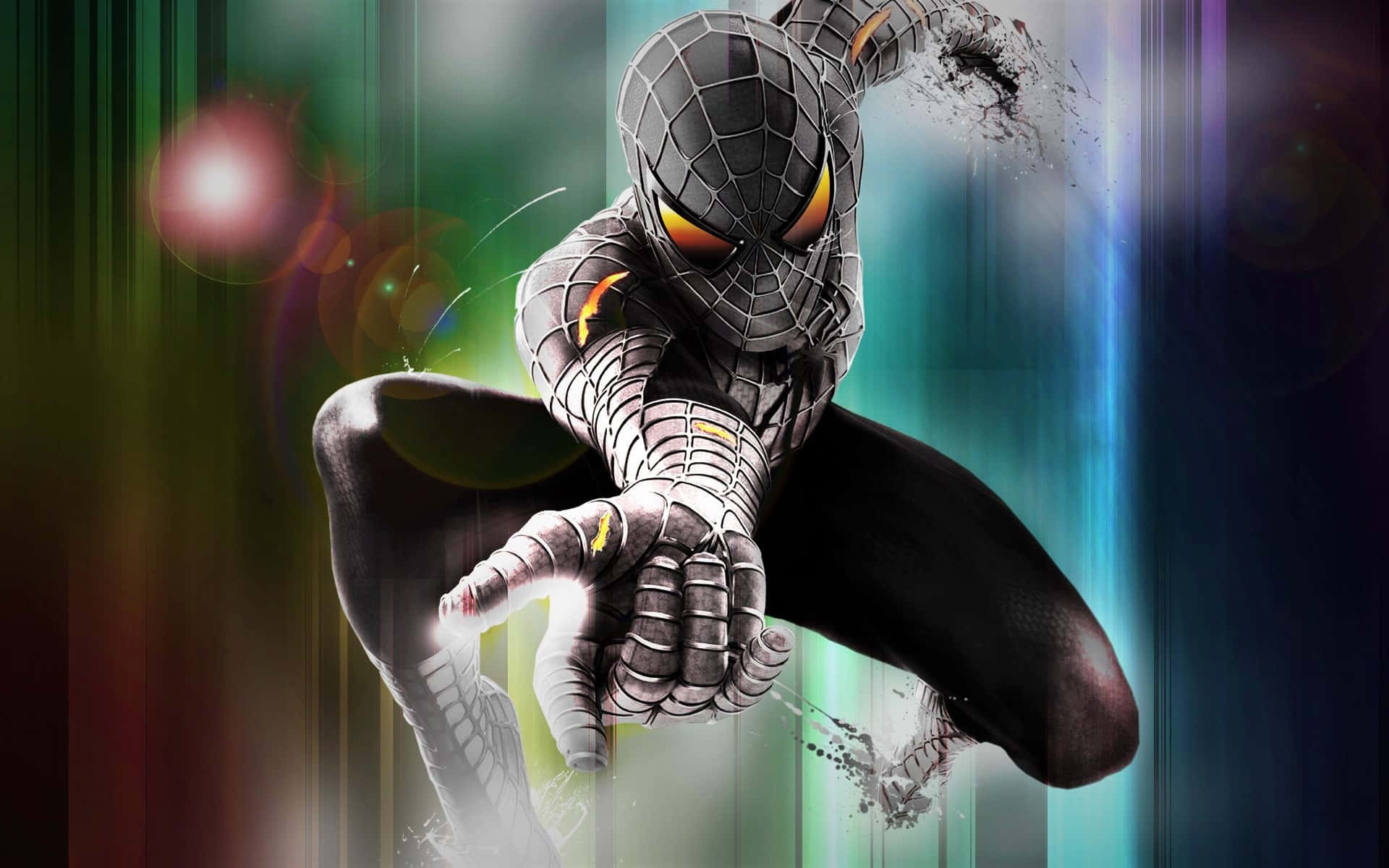 Spider Man 3 桌布 壁紙 — 一個動態的黑銀色蜘蛛人在半空中擺盪，背景是充滿活力的抽象背景，帶有發光的鏡頭光暈。