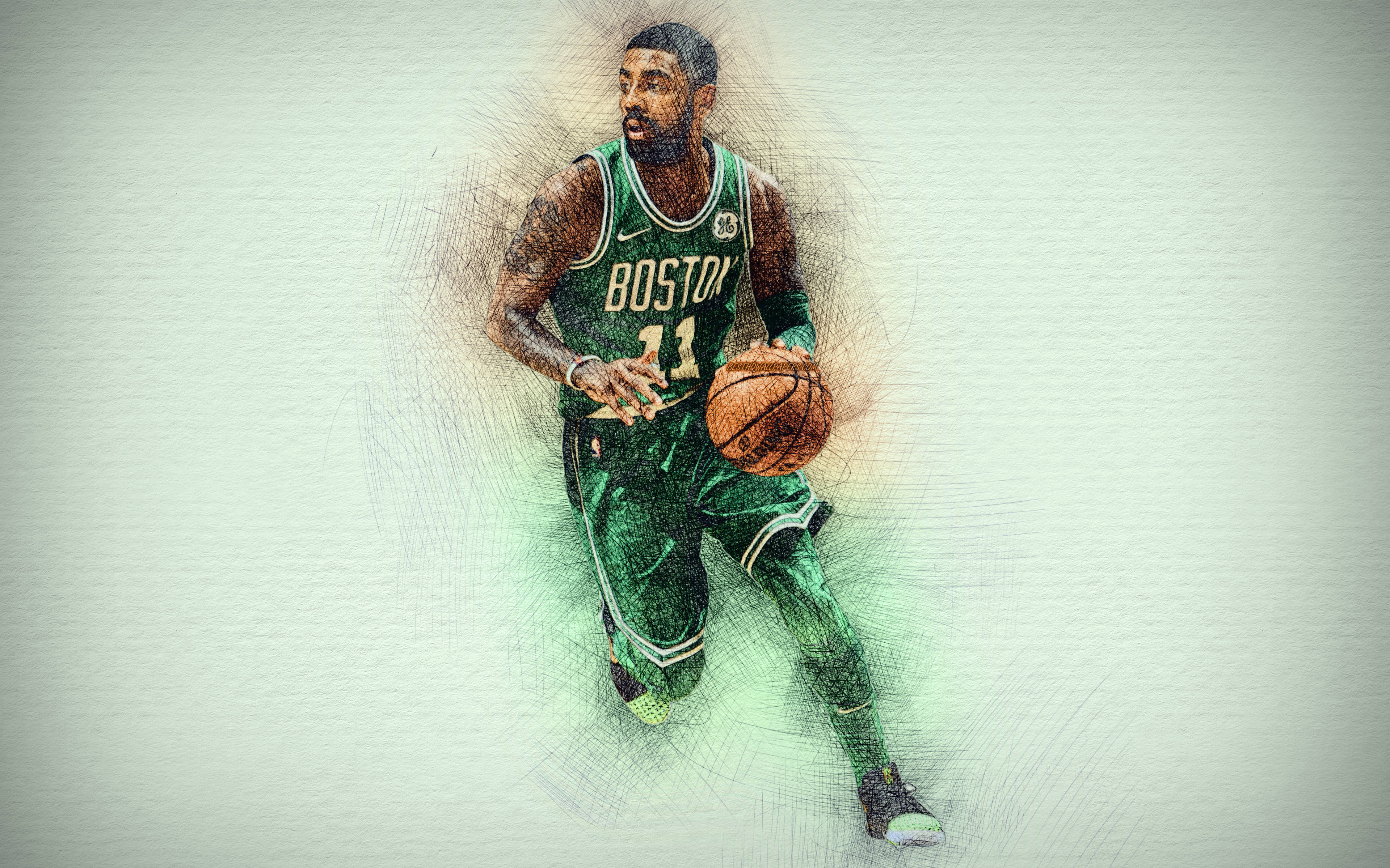 NBA 桌布 壁紙 — 一個動態素描風格插圖，描繪波士頓塞爾提克籃球球員在柔軟紋理背景下專注運球。