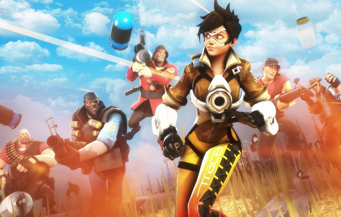 電玩遊戲 桌布 壁紙 — 一個動態遊戲場景，Overwatch 英雄在明亮的天空下與漂浮的投射物一起行動。