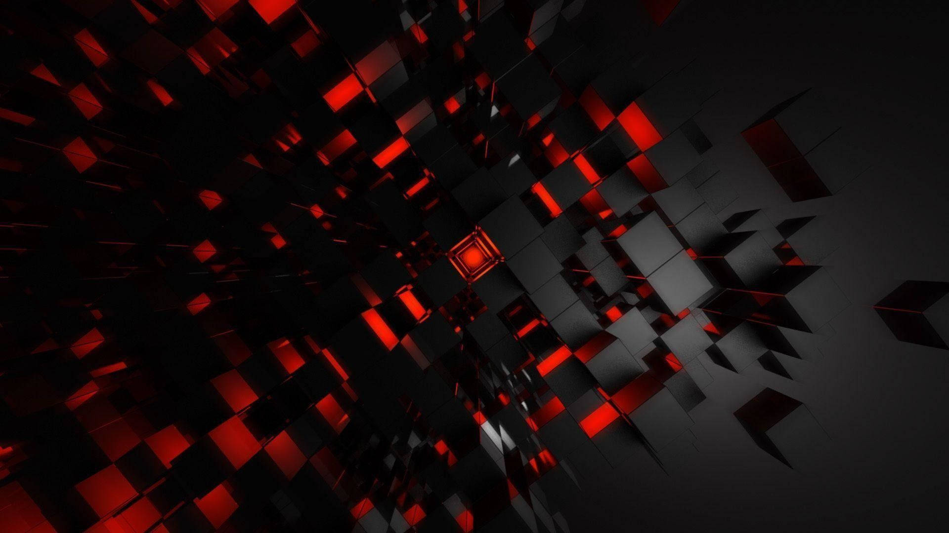 Cool Red 桌布 壁紙 — 一個動態隧道，由發光的紅色立方體組成，在數位3D渲染的抽象空間中逐漸消失在黑暗中。