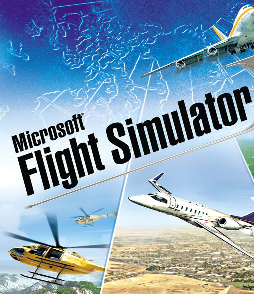 Android Microsoft Flight Simulator 桌布 壁紙 — 一個動態飛行模擬器封面，展示一架噴射直升機、一架客機和一架私人飛機在藍天下翱翔於風景和城市之上。