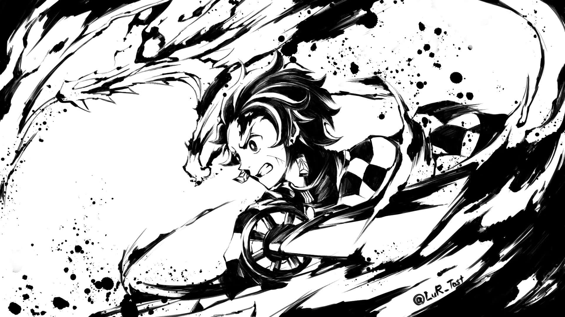 anime black and white 桌布 壁紙 — 一個動態黑白動漫角色，頭髮狂野，騎著機車穿過旋轉的動作線條和墨水飛濺。