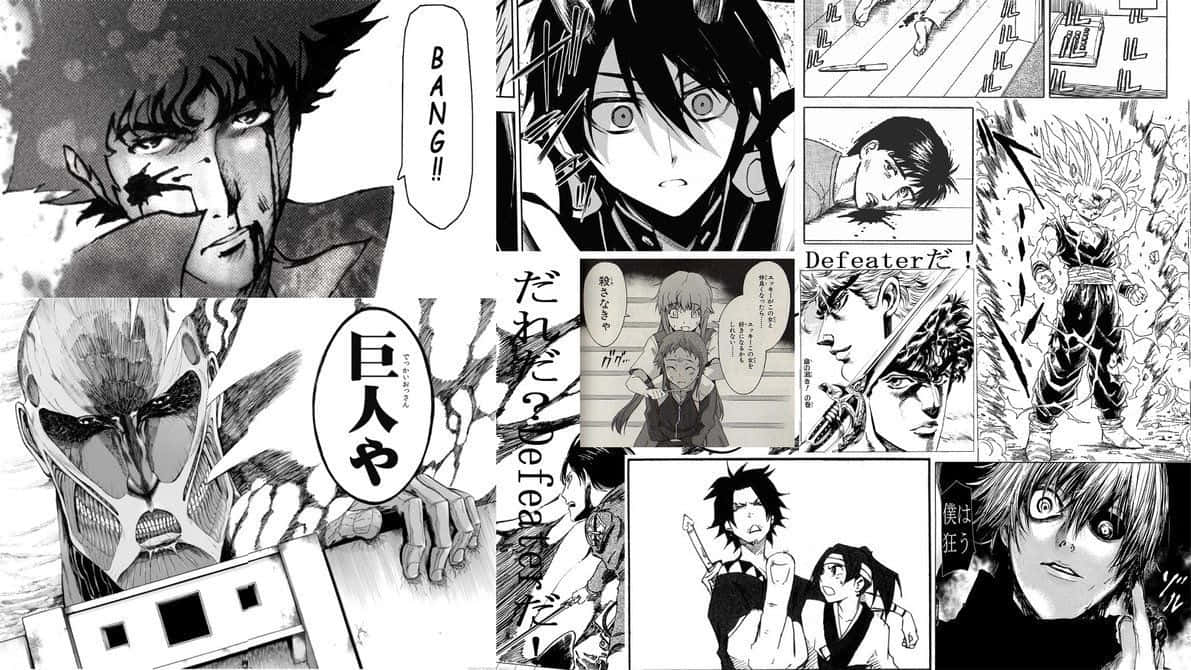 Manga Pages 桌布 壁紙 — 一個動態黑白漫畫拼貼，以巨型人形和尖刺頭髮戰士等角色為特色，展現激烈的動作場景。