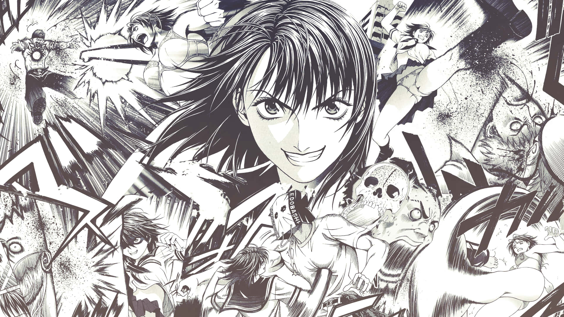 Manga Pages 桌布 壁紙 — 一個動態黑白漫畫面板，中央有一位女性戰士，周圍是爆炸性的動作場景和其他移動中的角色。