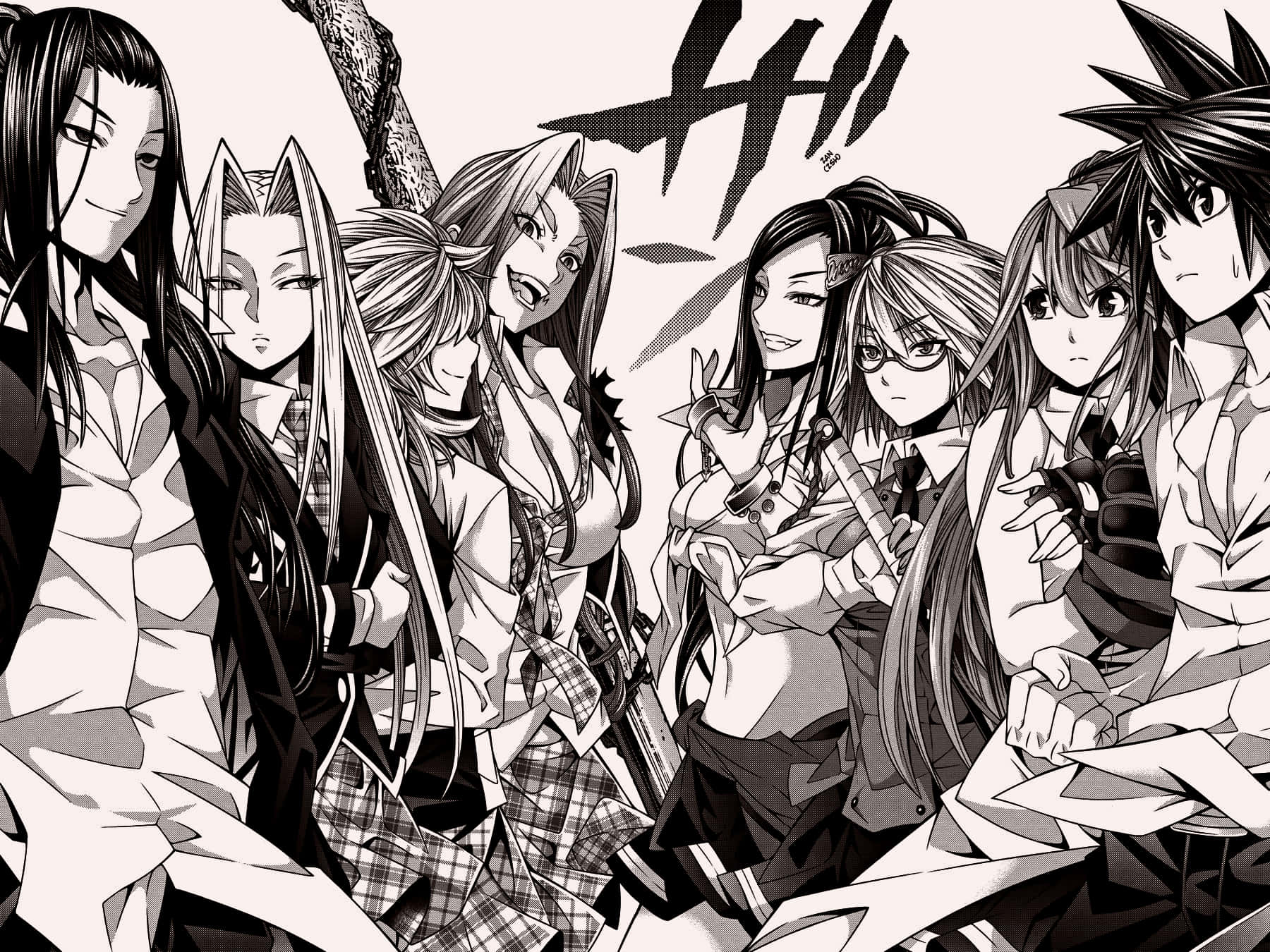 Manga Pages 桌布 壁紙 — 一個動態黑白漫畫面板，包含七個穿著校服的動漫角色，以富有表現力的臉孔和戲劇性的陰影擺姿勢。