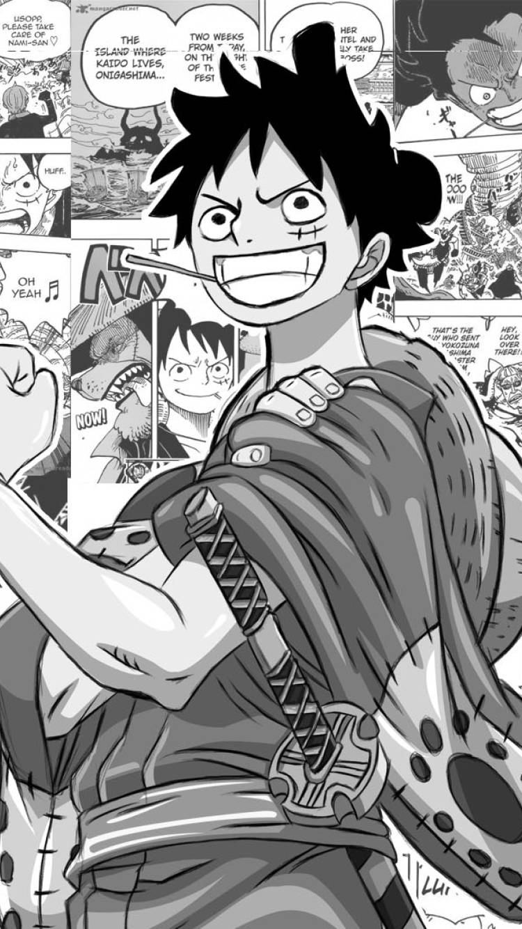 動漫男孩 桌布 壁紙 — 一個動態黑白漫畫面板，展示一個微笑的動漫男孩，有尖刺頭髮和斗篷，周圍環繞著漫畫對話氣泡。