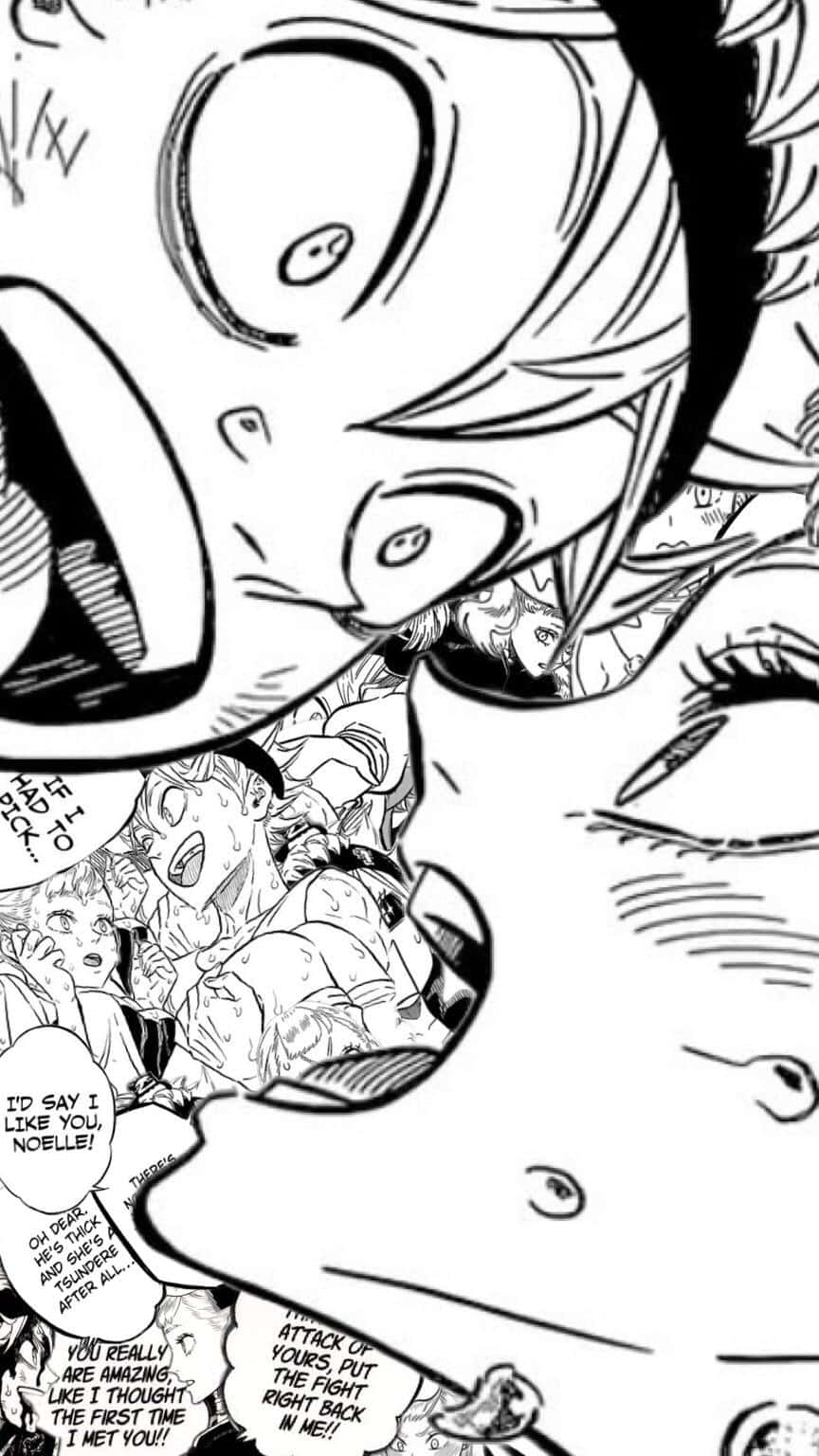 Black Clover Anime 桌布 壁紙 — 一個動態黑白漫畫面板，展示一個表情豐富的角色在喊叫，對話氣泡充滿情感對話。