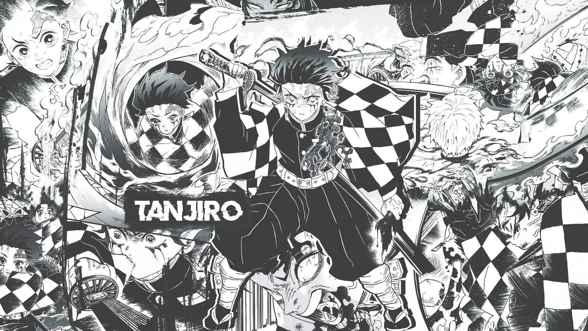 Panel 桌布 壁紙 — 一個動態黑白漫畫面板，描繪炭治郎在多個惡魔包圍下的激烈戰鬥場景。