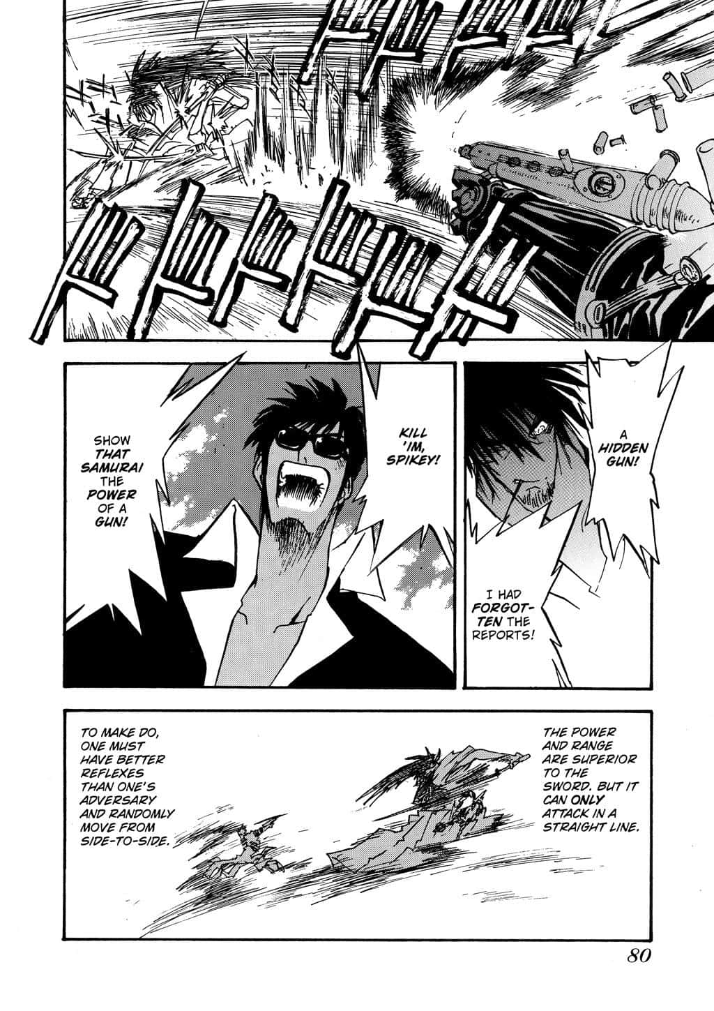 Rai-dei The Blade 桌布 壁紙 — 一個動態黑白漫畫面板顯示一名武士在戰鬥中揮舞槍支，而另一個角色則大喊戰鬥命令。