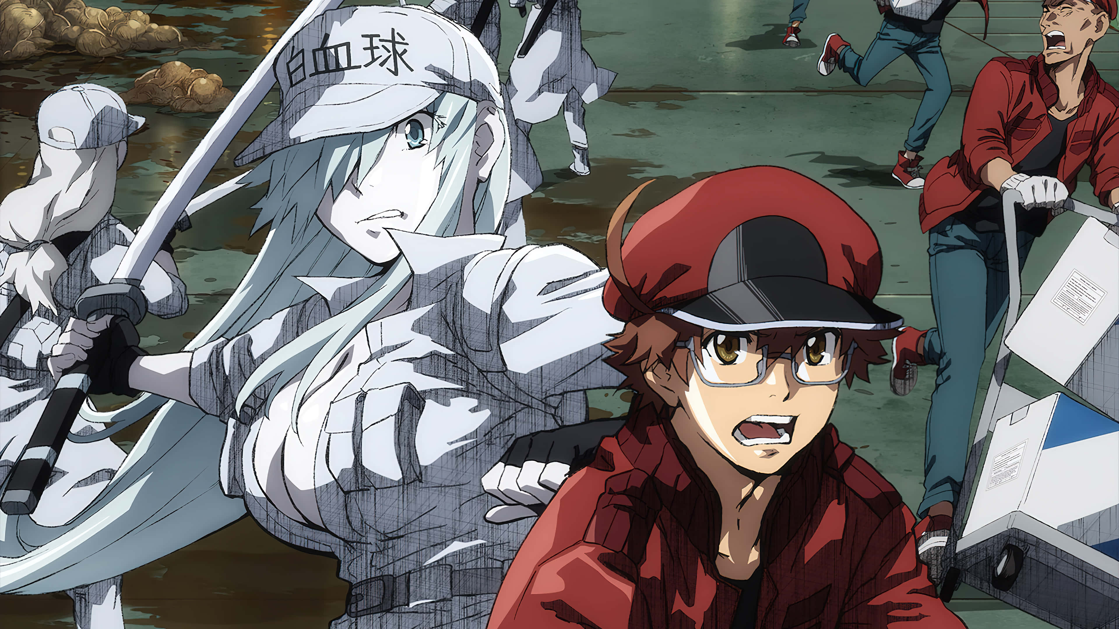 Cells At Work 桌布 壁紙 — 一個動漫場景，一個白髮女孩揮舞著劍，一個戴紅帽的男孩在混亂的環境中顯得很震驚。