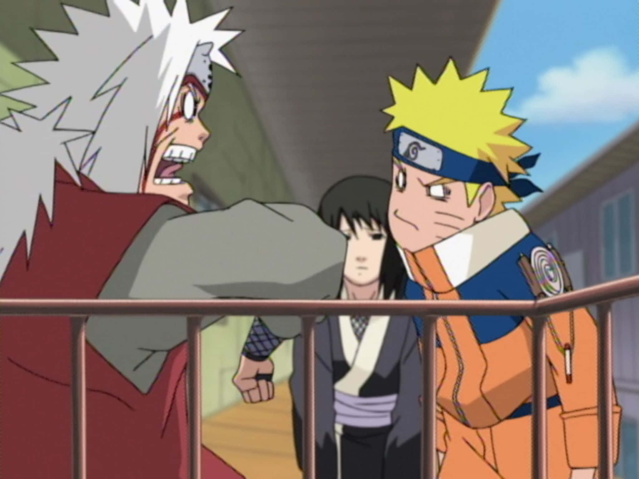 Funny Naruto 桌布 壁紙 — 一個動漫場景顯示一個白髮男人對一個穿著橙色衣服的金髮男孩大喊，而一個女孩在欄杆後面觀看。