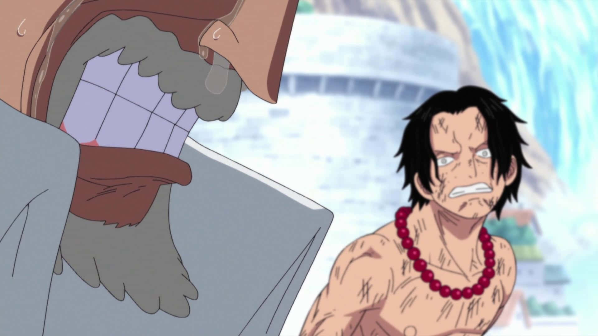 Marineford War 桌布 壁紙 — 一個動漫場景顯示一個肌肉發達的男人戴著紅色珠串項鍊，怒視著一個留鬍子、臉部纏著繃帶的年長男人。