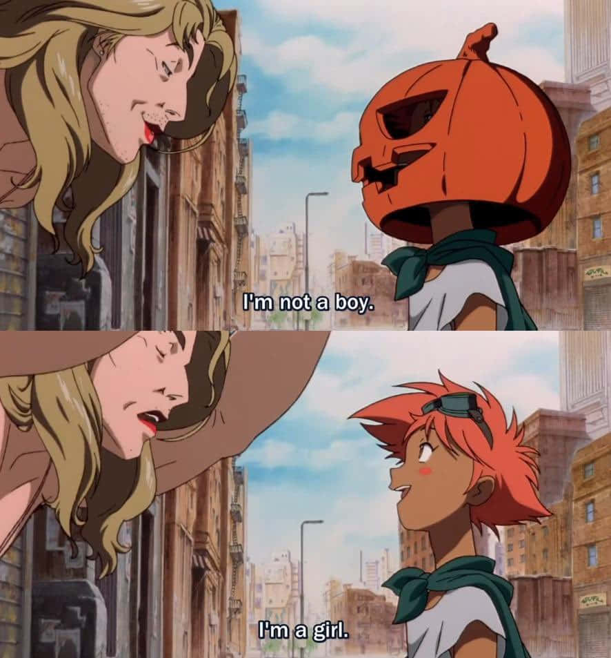 Cowboy Bebop Edward 桌布 壁紙 — 一個動漫場景顯示一名女子彎腰與一個戴著南瓜面具的孩子說話，孩子說「我不是男孩」，然後揭示自己是一個紅髮女孩。