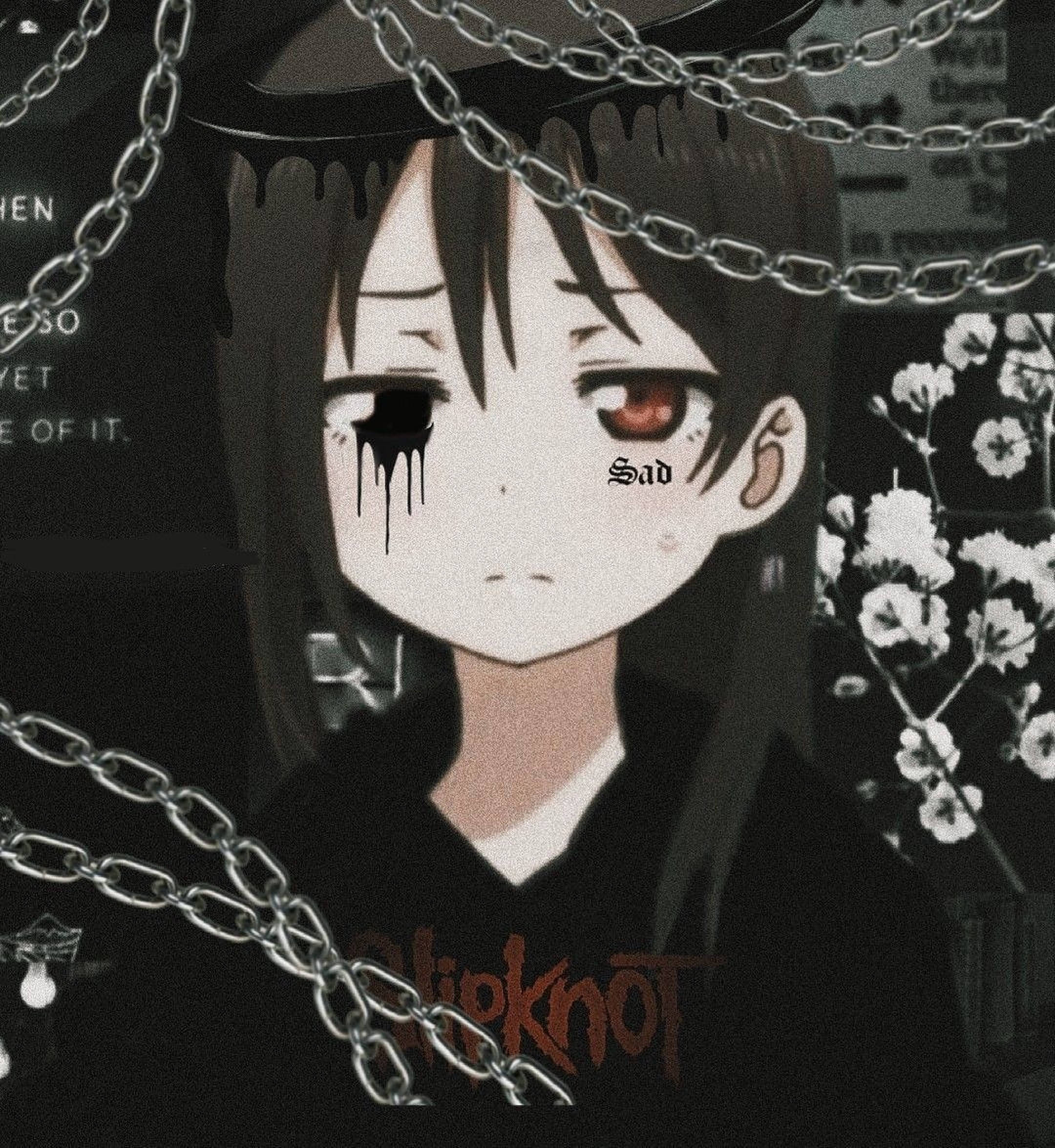 emo 頭像 桌布 壁紙 — 一個動漫女孩，一隻紅眼和一隻黑眼，滴著黑色眼淚，被鎖鏈和白花包圍。