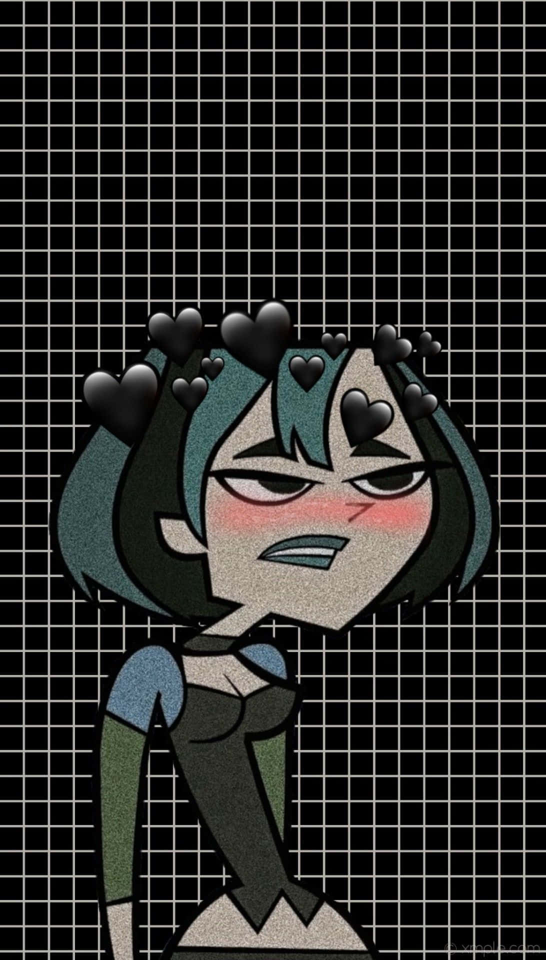 total drama 桌布 壁紙 — 一個動漫女孩，擁有青綠色頭髮和憤怒表情，黑色心形在她頭頂漂浮，背景是黑色網格。