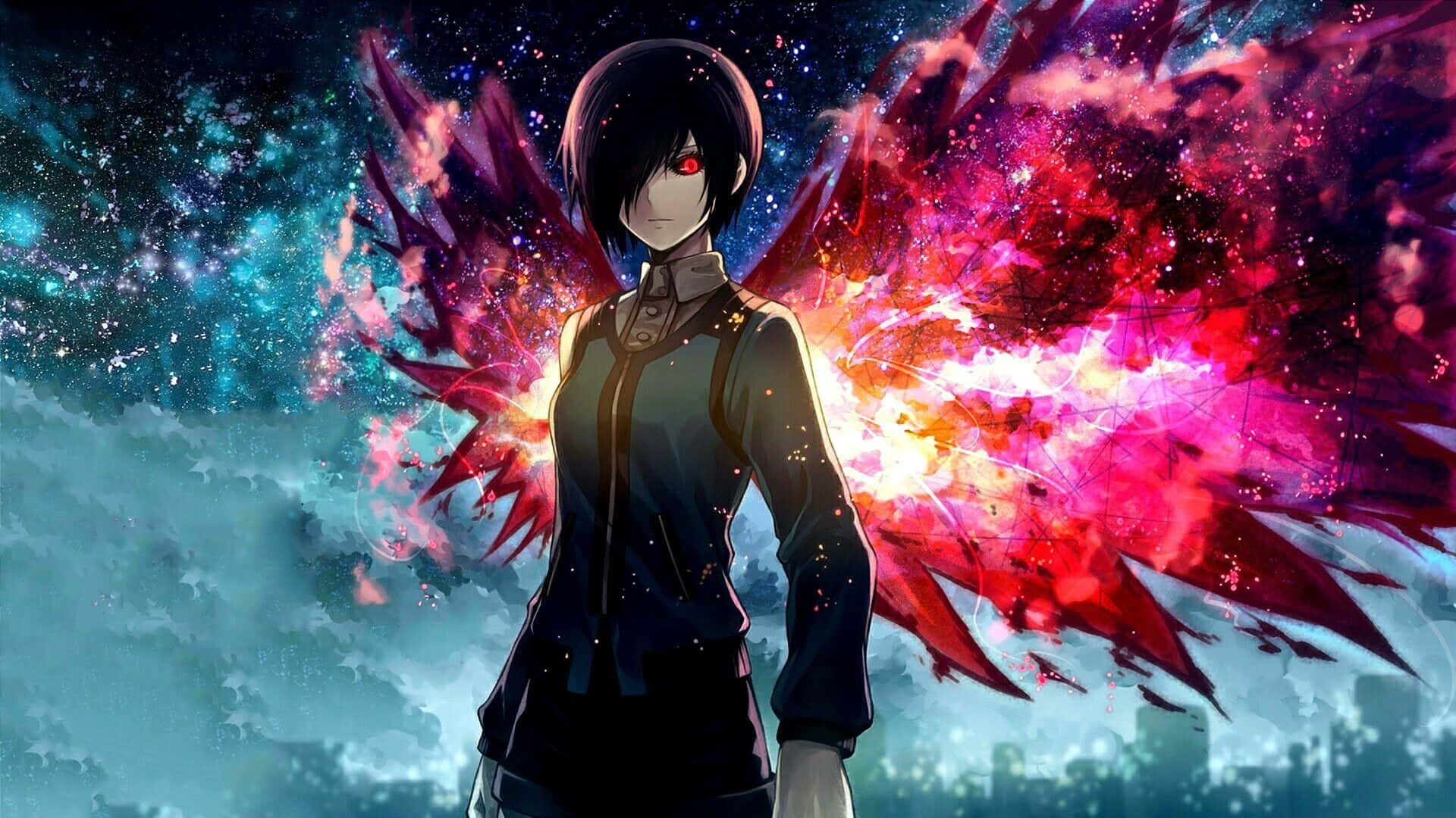 東京喰種 桌布 壁紙 — 一個動漫女孩，紅眼睛，黑頭髮，站在宇宙背景下，擁有充滿活力的粉紅色和藍色星雲翅膀。