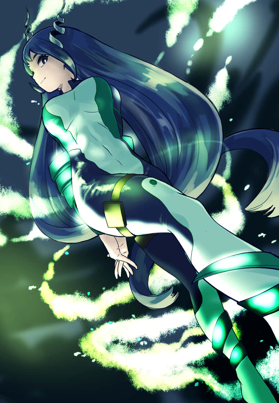 Nejire Hado 桌布 壁紙 — 一個動漫女孩，長長藍色頭髮，綠色發光能量在她周圍旋轉，擺出動態姿勢。