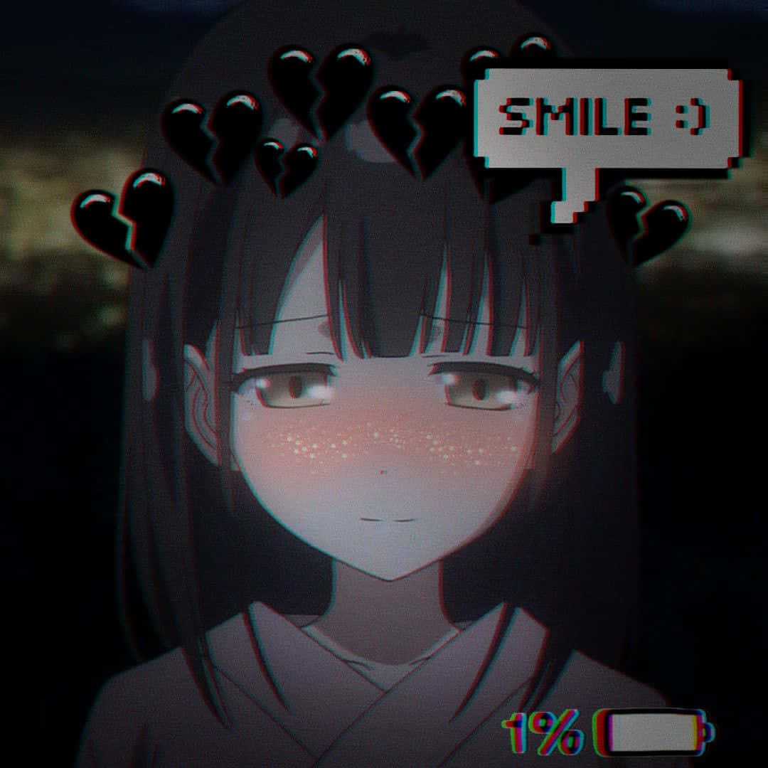Discord Anime Pfp 桌布 壁紙 — 一個動漫女孩，頭頂漂浮著破碎的心，並在黑暗的故障背景上有一個「SMILE :)」對話氣泡。