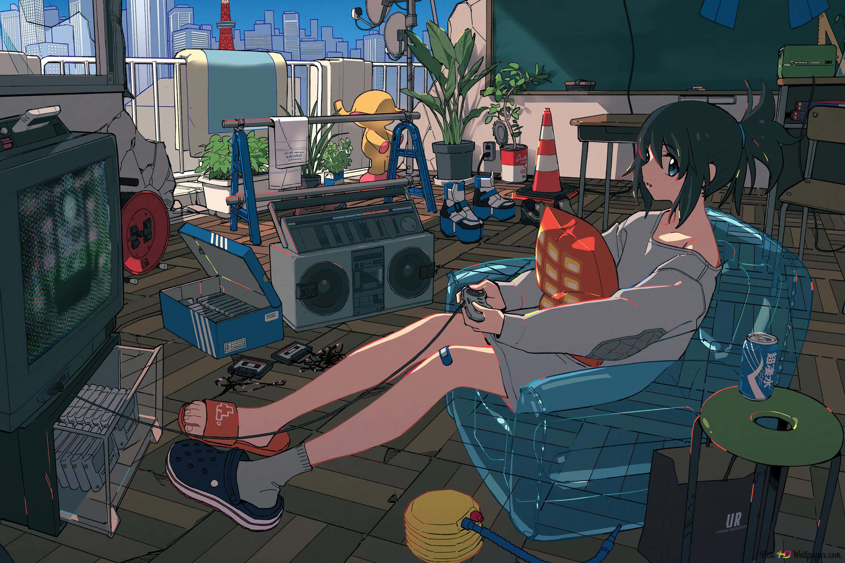 Kawaii Gaming Girl 桌布 壁紙 — 一個動漫女孩坐在藍色椅子上，在CRT電視上玩復古遊戲，房間位於雜亂的城市屋頂，充滿復古科技和植物。