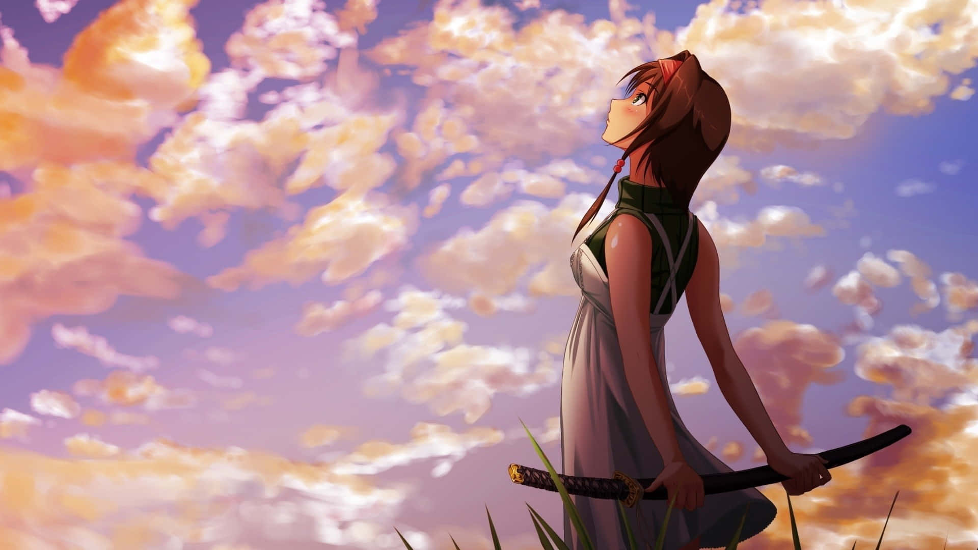 Sad Anime Death 桌布 壁紙 — 一個動漫女孩手持武士刀站在草地上，仰望佈滿柔和雲彩的鮮豔日落天空。