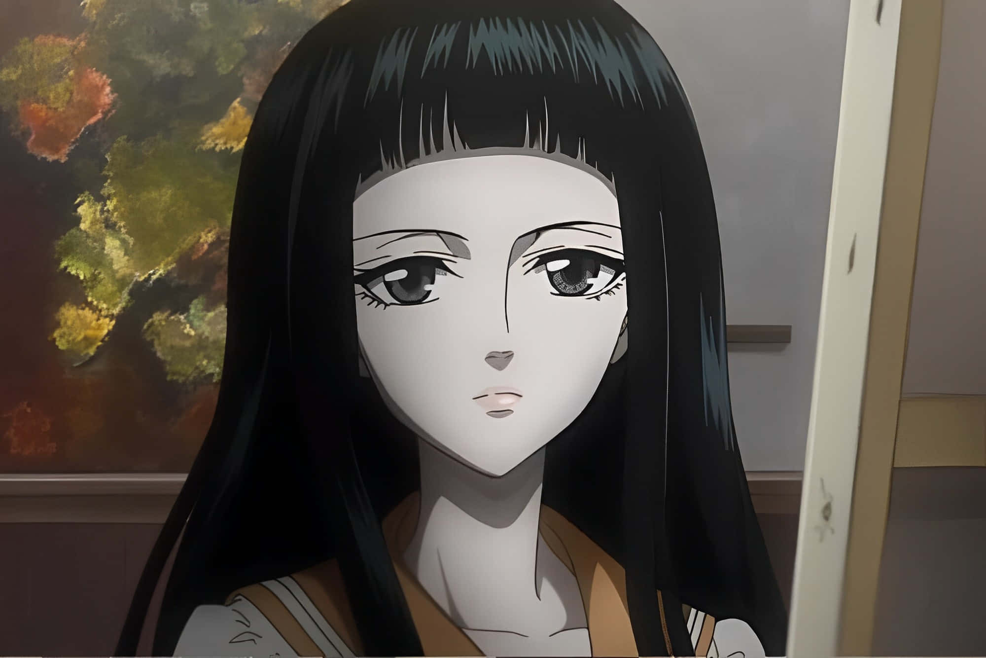 Rikako Oryo 桌布 壁紙 — 一個動漫女孩的特寫，她擁有長長的黑髮和一雙大而有表現力的眼睛，在柔和光線的室內環境中直視觀眾。