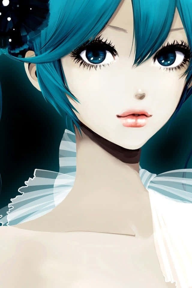 初音未來 桌布 壁紙 — 一個動漫女孩的特寫，擁有充滿活力的青色頭髮和藍色大眼睛，穿著白色荷葉邊領子，背景為深色。