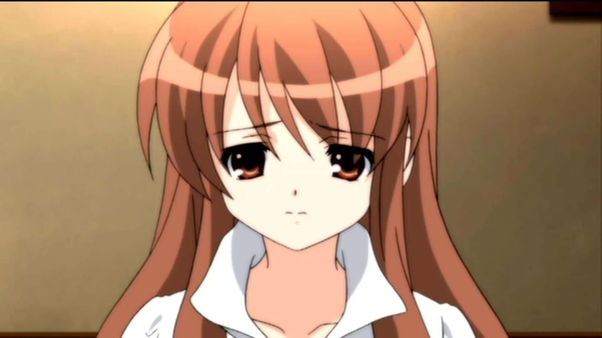 Mikuru Asahina 桌布 壁紙 — 一個動漫女孩的特寫，長長的棕色頭髮和大大的棕色眼睛，穿著白色有領襯衫。