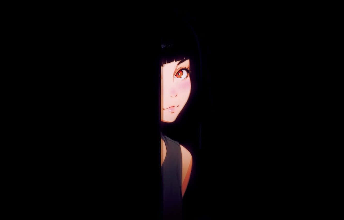 Dark Corner 桌布 壁紙 — 一個動漫女孩的臉在黑暗中柔和地發光，她從陰影窗簾後面偷看。