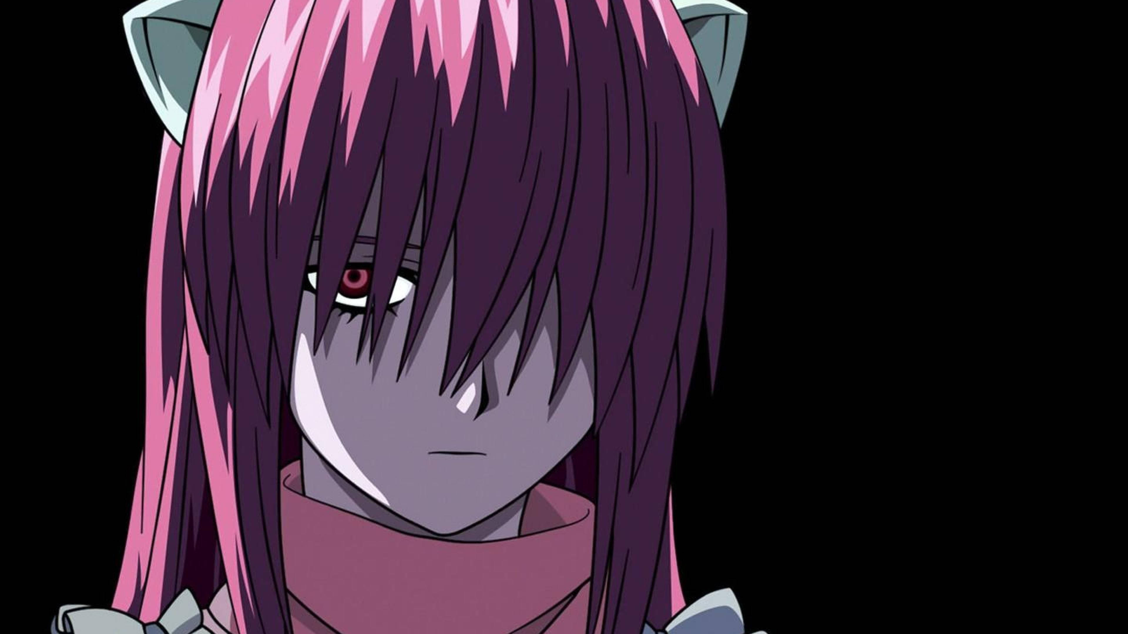 Elfen Lied 桌布 壁紙 — 一個動漫女孩的近距離特寫，擁有粉紫色頭髮、貓耳朵和紅色眼睛，背景為黑色。