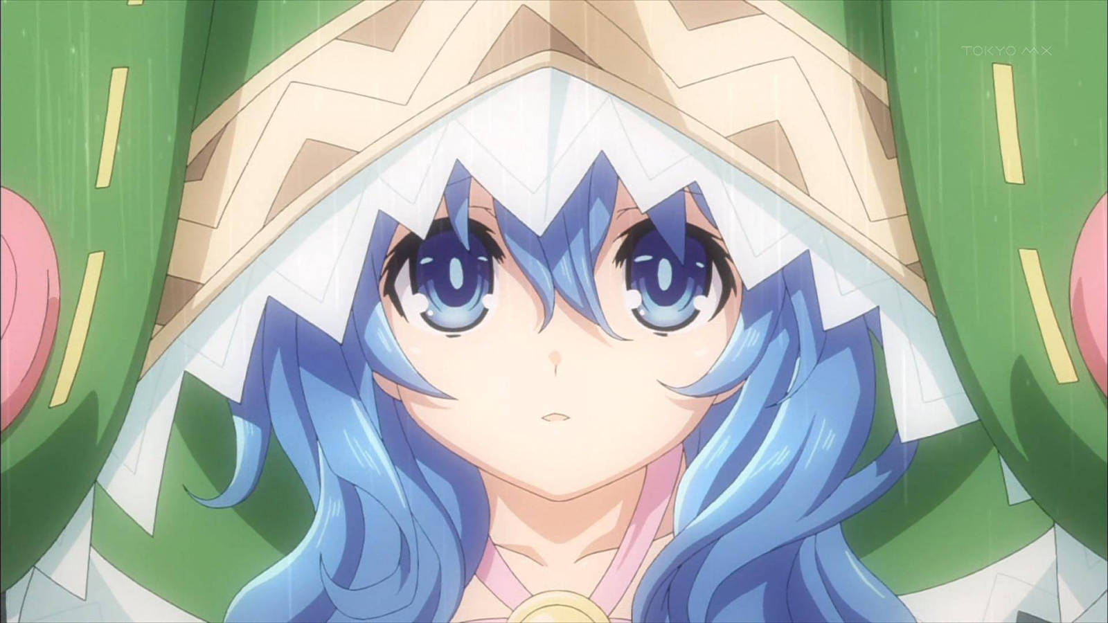 yoshino himekawa 桌布 壁紙 — 一個動漫女孩的頭像，藍色頭髮和眼睛，穿著圖案連帽外套，背景為綠色。