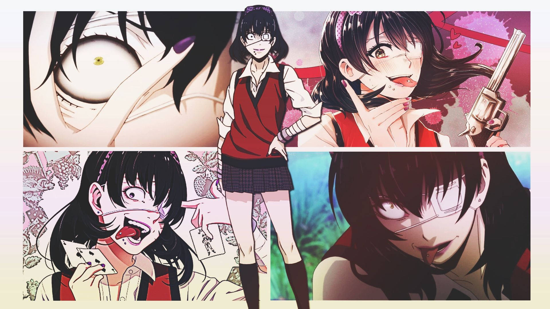 Kakegurui 桌布 壁紙 — 一個動漫女孩穿著校服，表情強烈，手持槍支和撲克牌的拼貼畫。