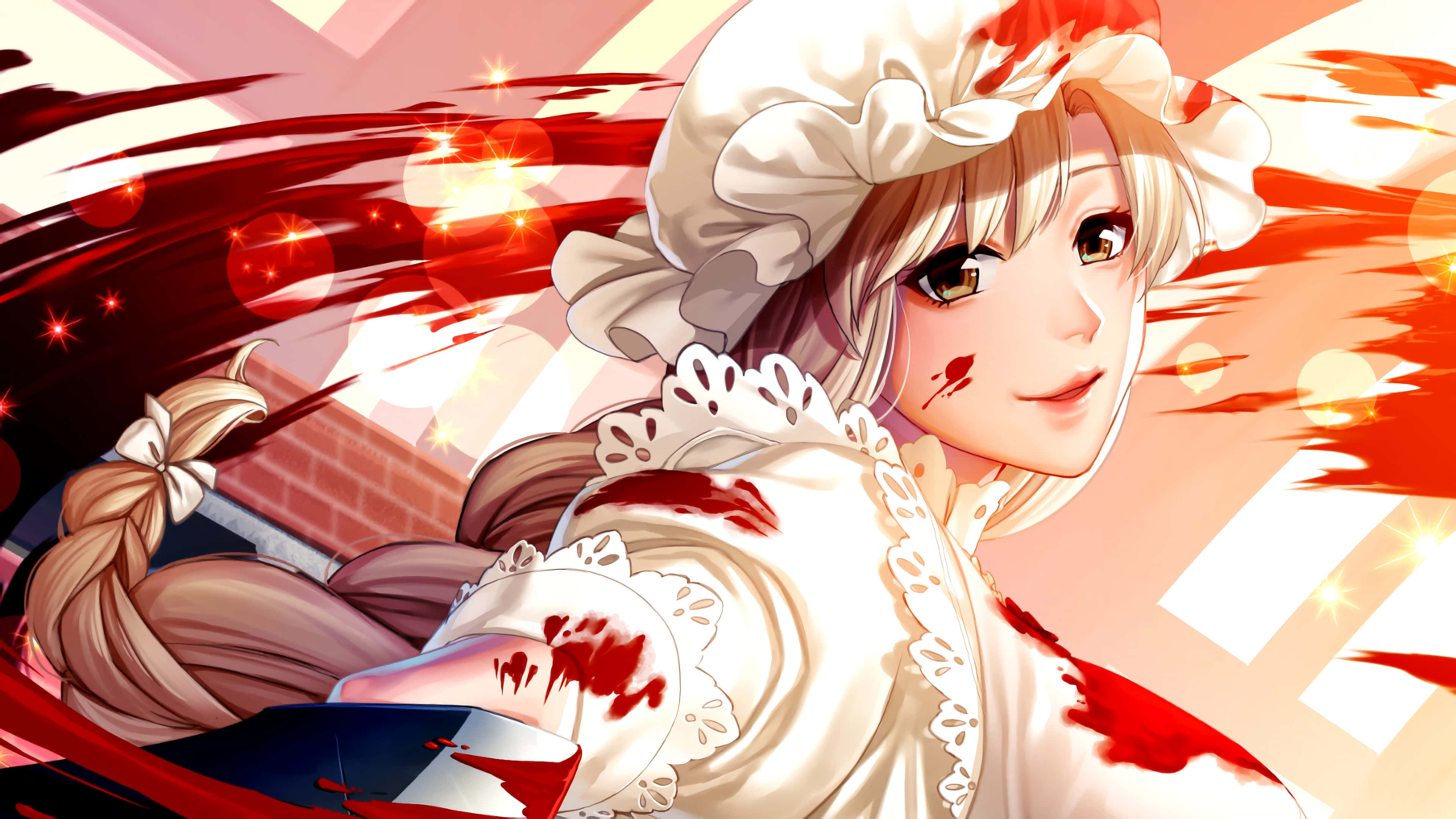 Cells At Work 桌布 壁紙 — 一個動漫女孩穿著沾滿血跡的白色女僕裝，手持劍，在火紅和橙色的背景下微笑。
