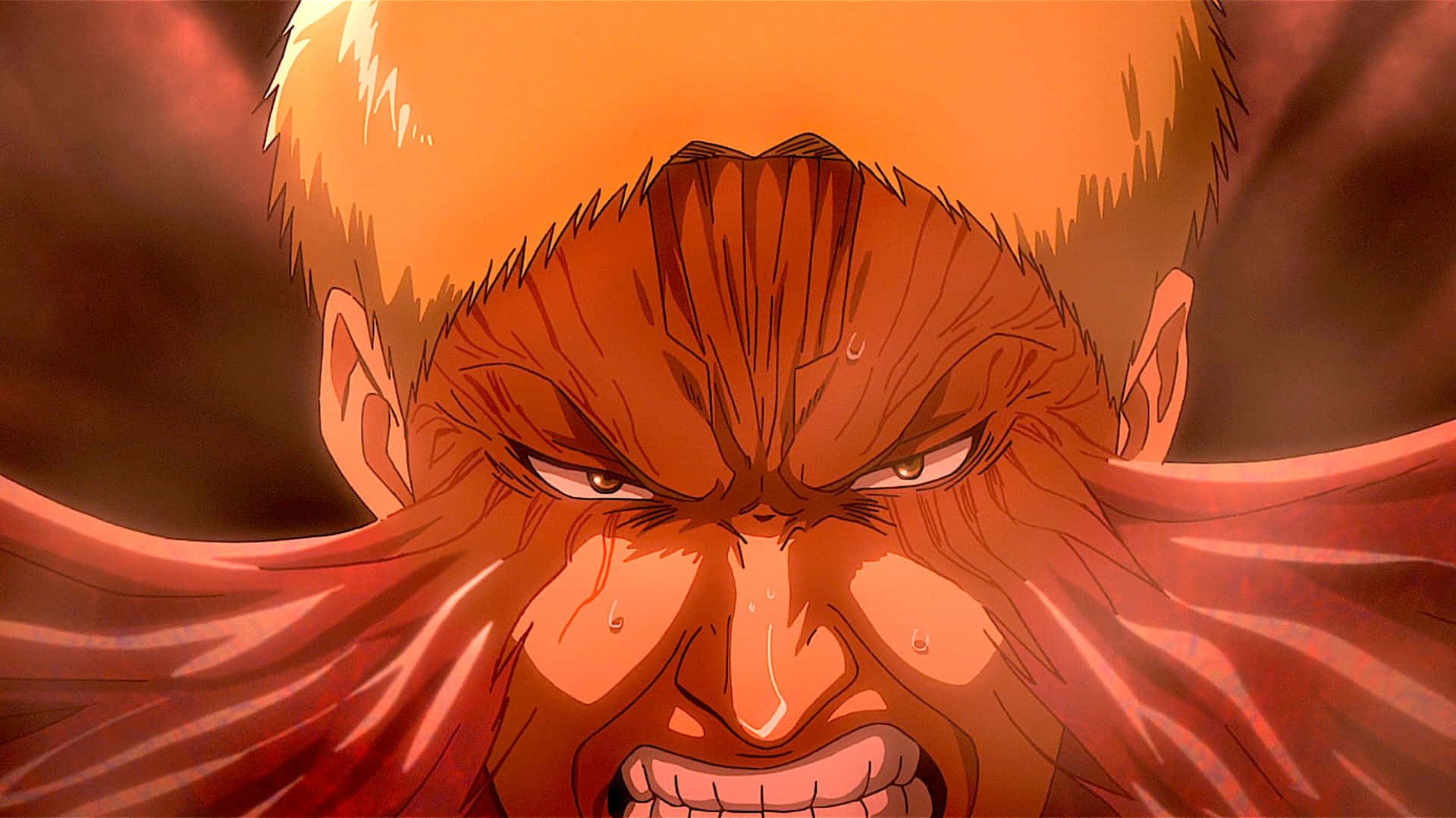 Attack On Titan Season 2 桌布 壁紙 — 一個動漫巨人憤怒面孔的特寫，眉頭緊鎖，咬牙切齒，在熾熱的橙色燈光下。