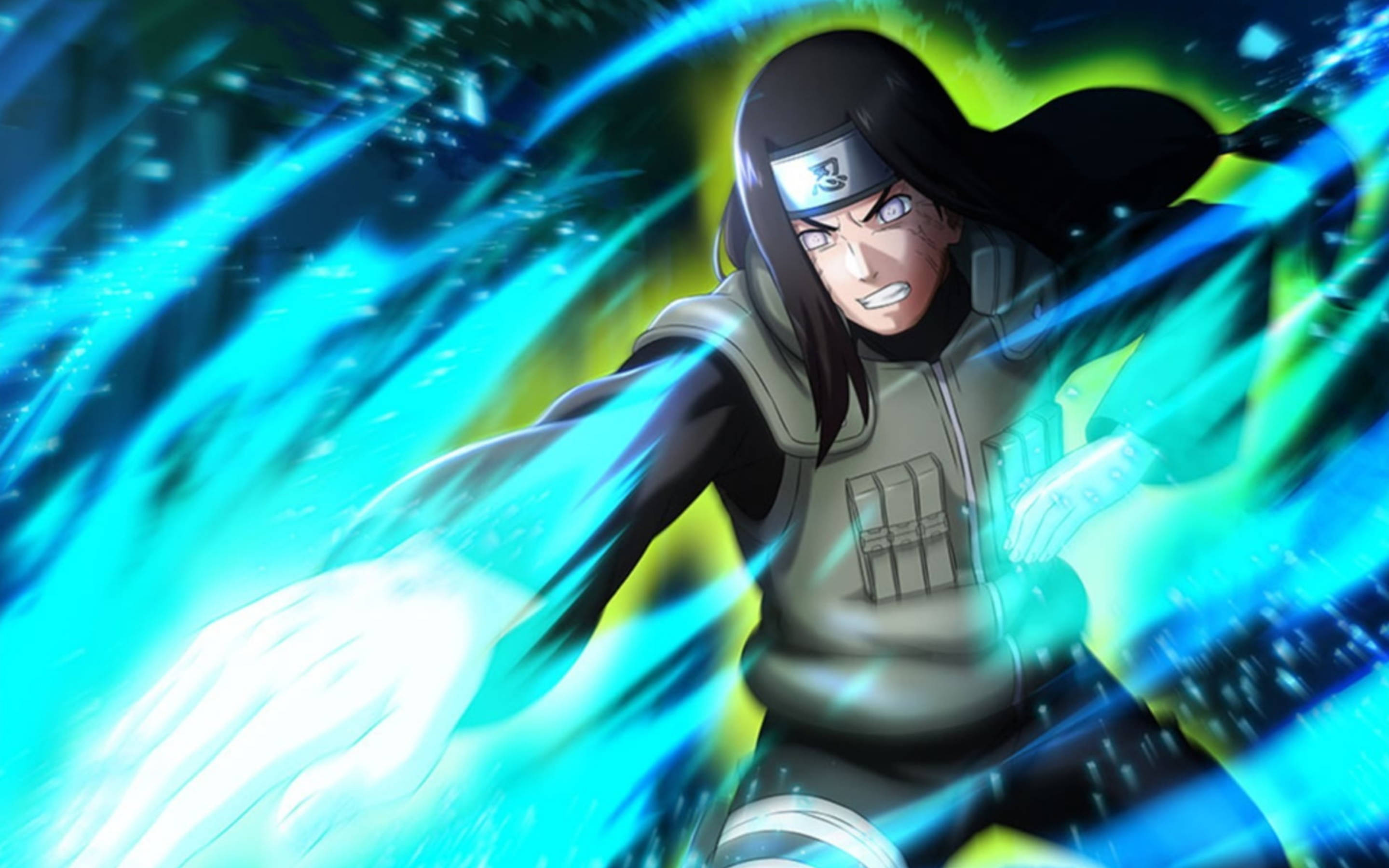 Neji 桌布 壁紙 — 一個動漫忍者，在動態旋轉的背景中，以強烈的專注力釋放出發光的藍色能量爆炸。