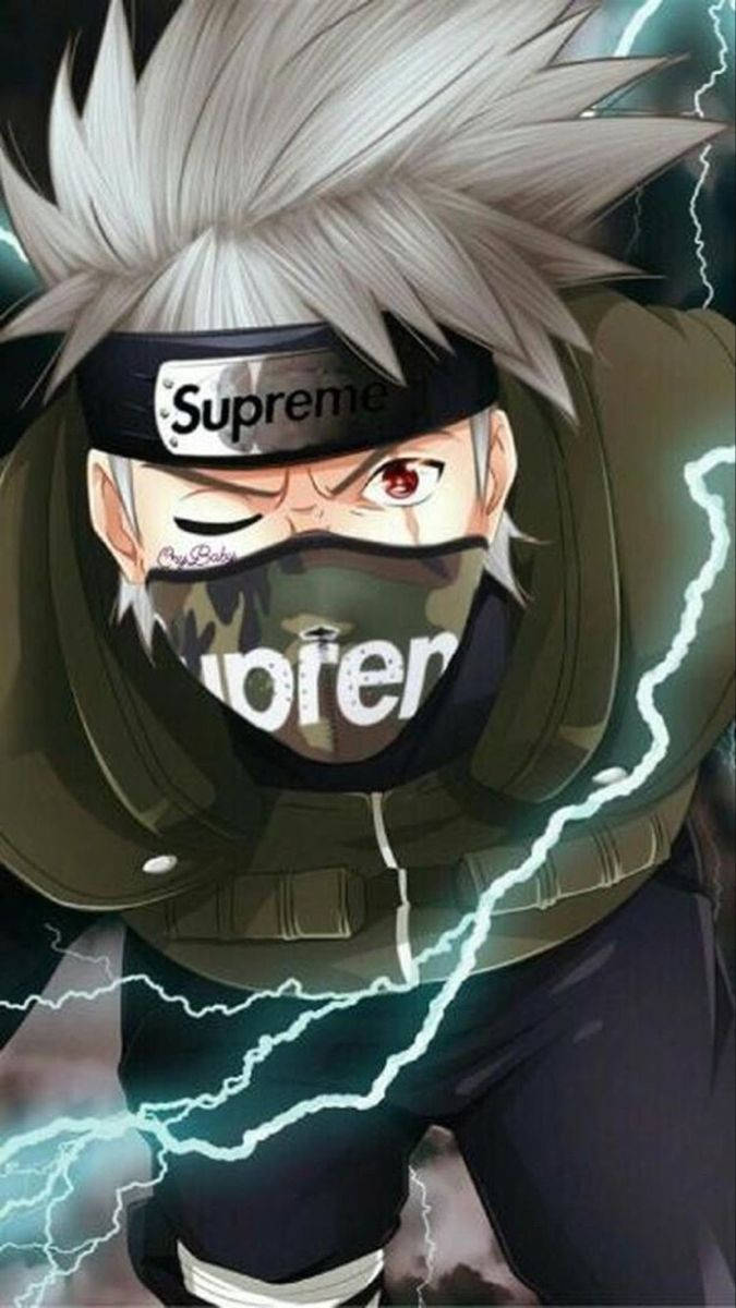 kakashi pfp 桌布 壁紙 — 一個動漫忍者，有著尖刺的白髮和紅色的眼睛，身體周圍釋放電藍色閃電。