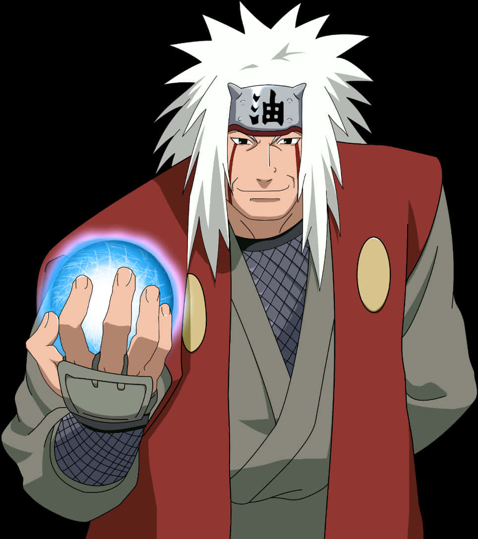 Anime Character 桌布 壁紙 — 一個動漫忍者，有著尖刺的白髮和紅色斗篷，在黑色背景前將發光的藍色查克拉球聚集在手中。