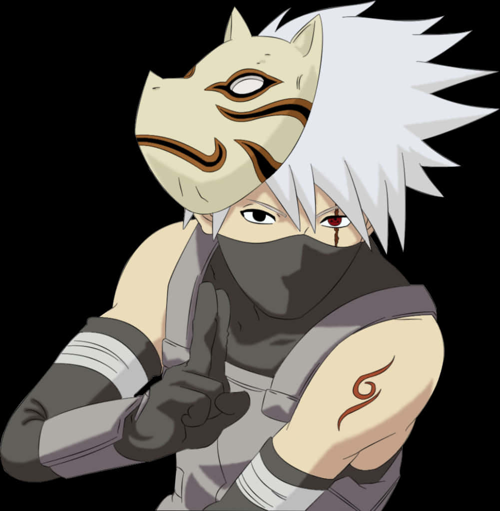 Anime Character 桌布 壁紙 — 一個動漫忍者，白色尖刺頭髮，戴著狐狸面具，在黑色背景前結手印。