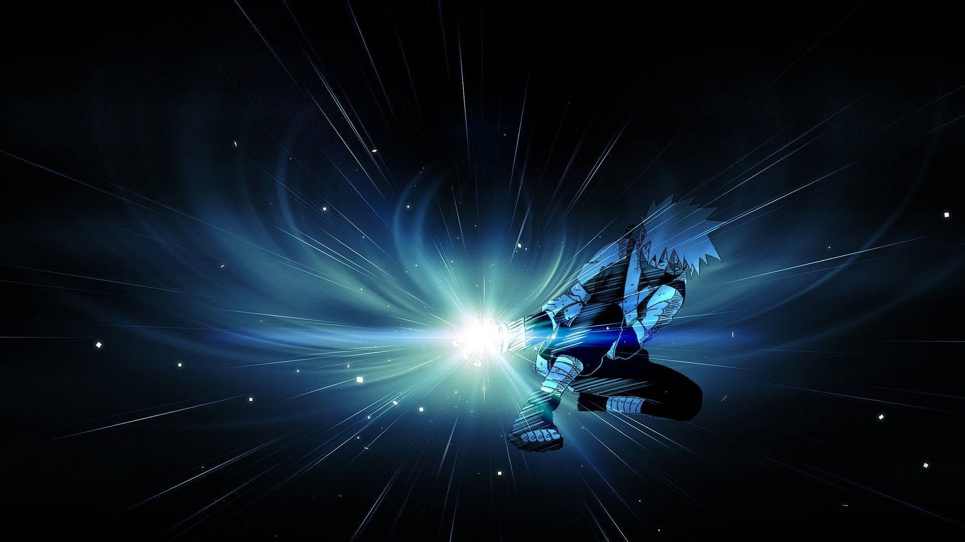 chidori 桌布 壁紙 — 一個動漫忍者在一片繁星點點的宇宙背景下釋放出刺眼的藍色能量爆炸，伴隨著耀眼的光線條紋。