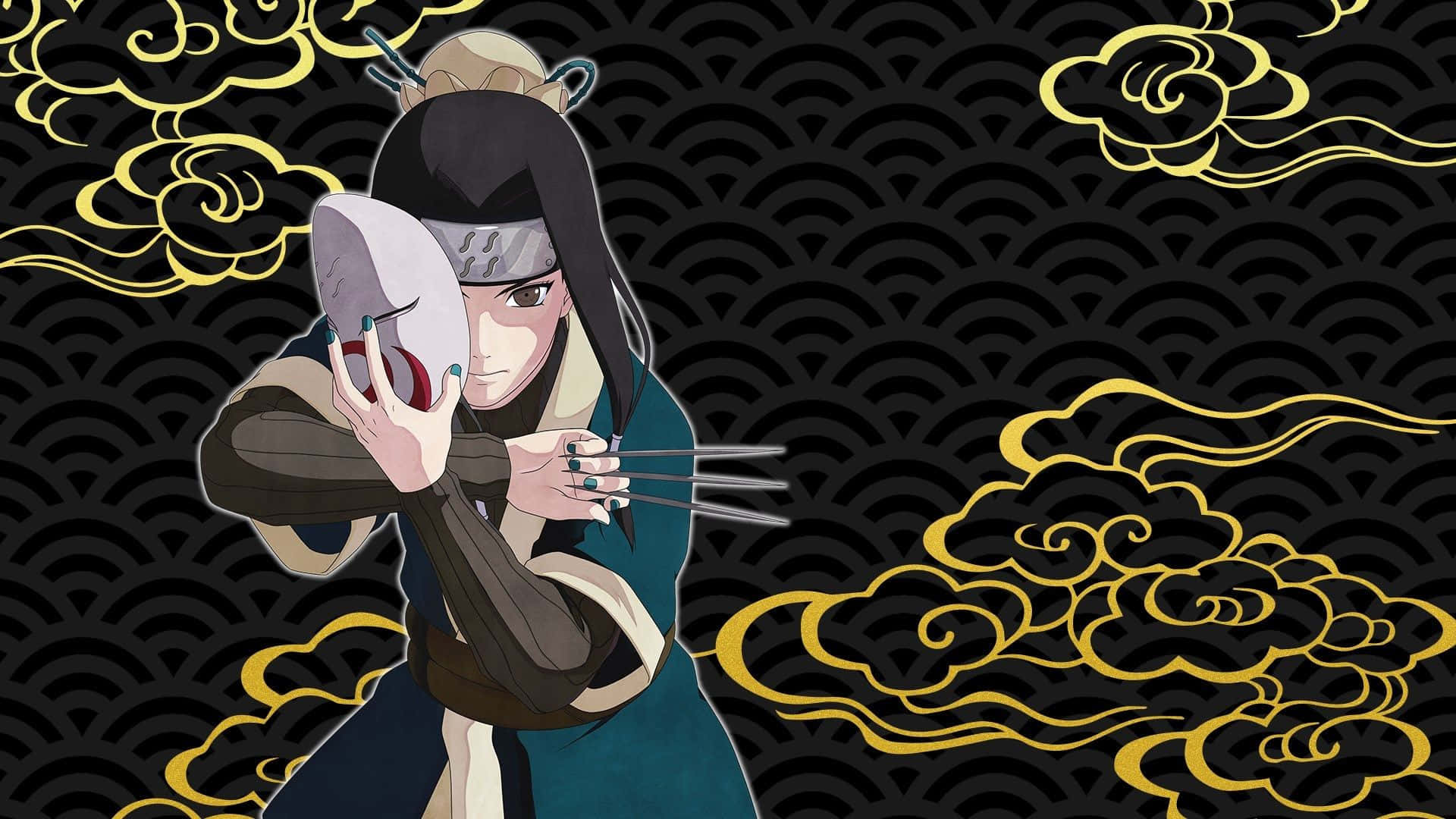 Naruto Haku 桌布 壁紙 — 一個動漫忍者手持白色面具，背景為黑色波浪圖案和金色旋轉雲朵。