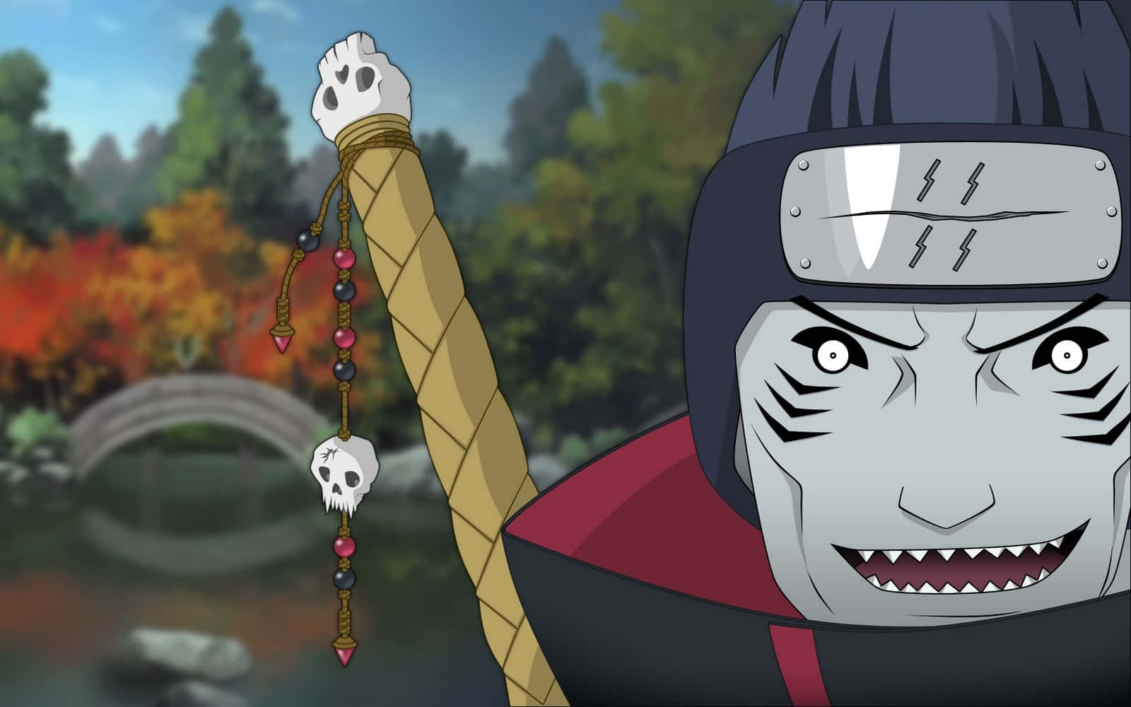 Kisame 桌布 壁紙 — 一個動漫忍者手持骷髏頭杖，在色彩繽紛的秋日森林中，石橋旁威風凜凜地站立。
