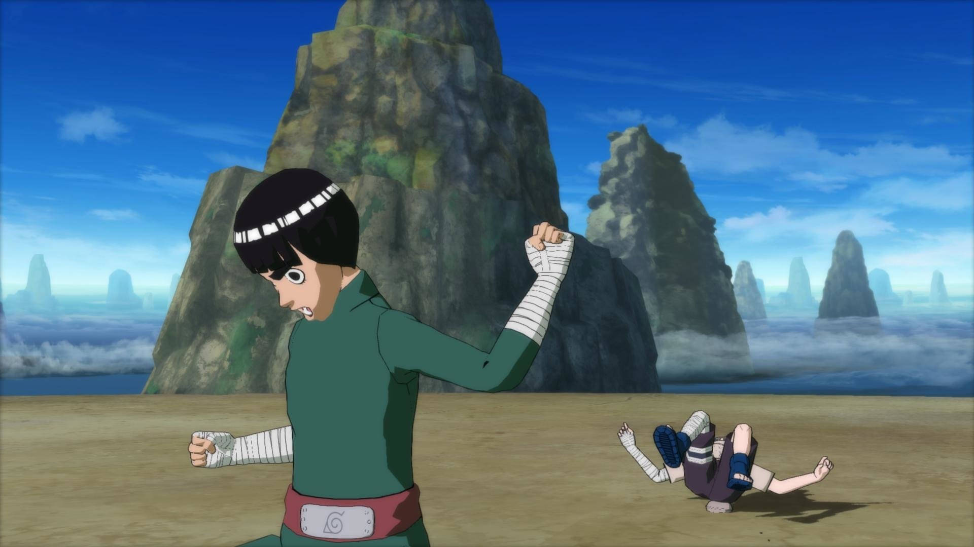 Rock Lee 桌布 壁紙 — 一個動漫忍者站在沙漠平原上，戰勝倒下的對手，周圍有高聳的岩石 formations 和多雲的天空。