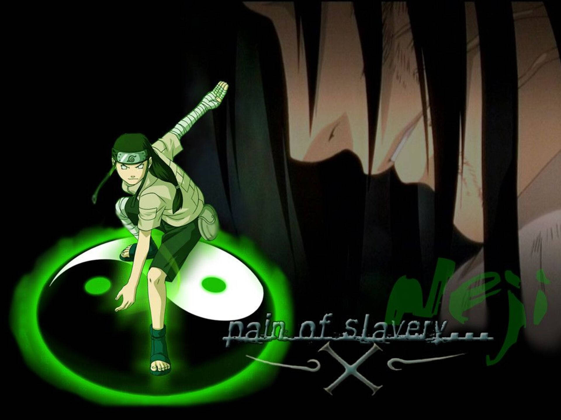 Neji 桌布 壁紙 — 一個動漫忍者站在發光的綠色陰陽符號上，背景是黑暗的森林，有一個陰影人物 looming。