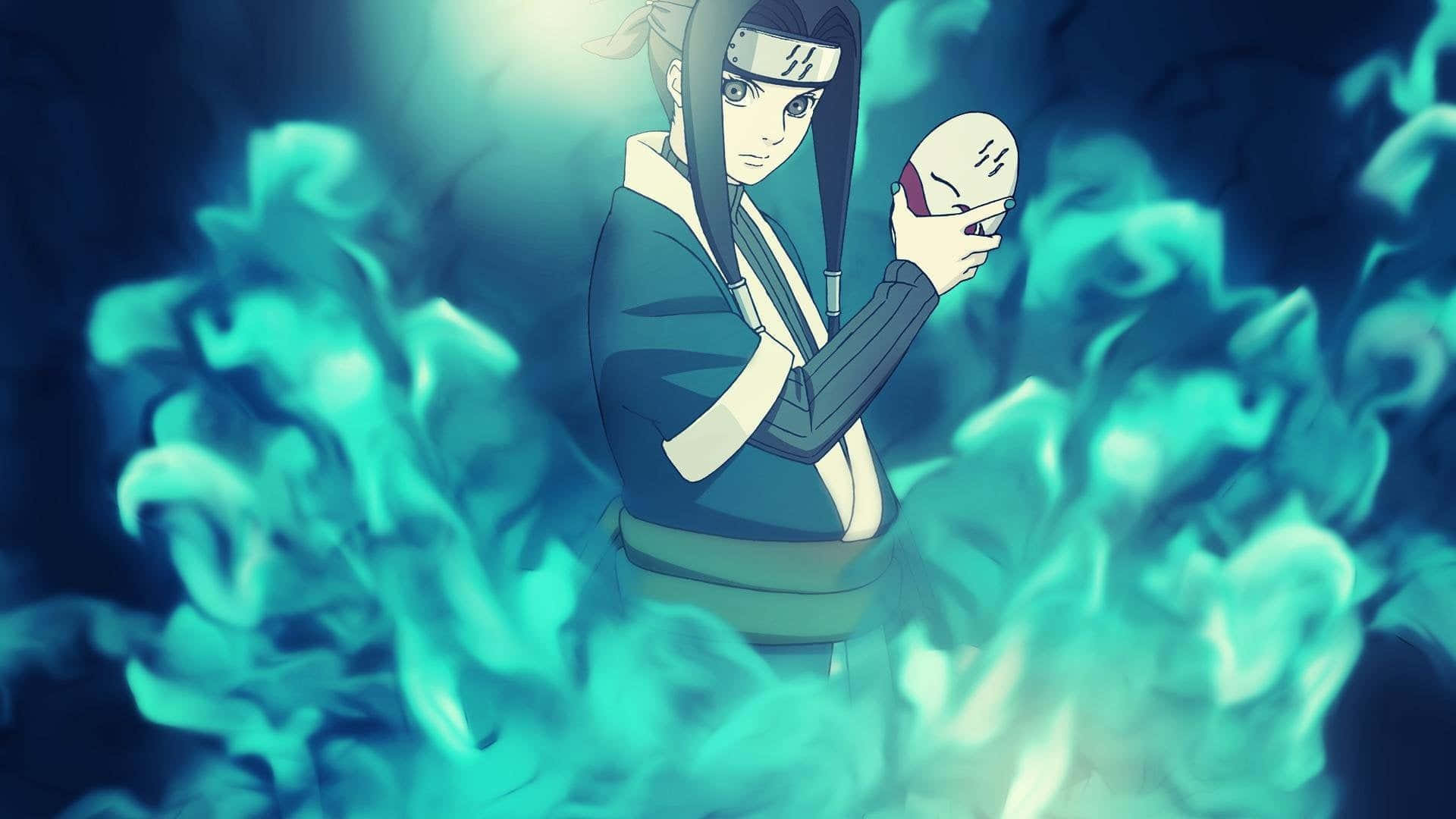 Naruto Haku 桌布 壁紙 — 一個動漫忍者莊嚴地拿著一個面具，發光的青綠色查克拉在黑暗的環境中圍繞著他旋轉。