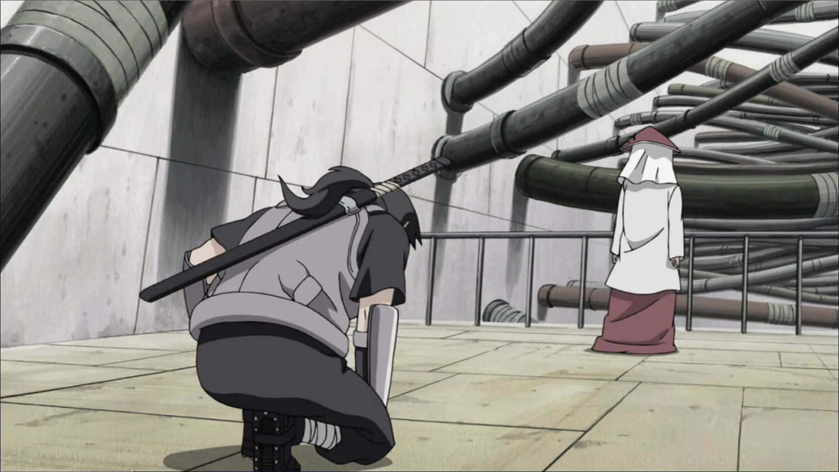 Third Hokage 桌布 壁紙 — 一個動漫忍者跪在陰暗的工業環境中，面對一個戴著兜帽的身影，上方是巨大的管道。