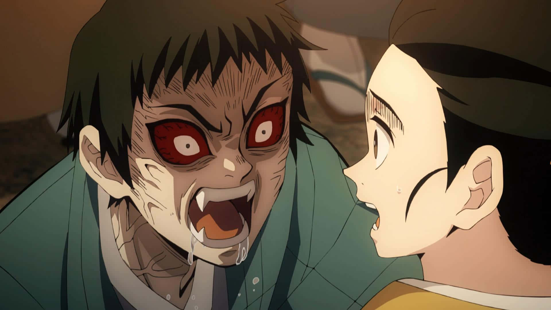 惡魔動圖 桌布 壁紙 — 一個動漫惡魔，紅眼睛和獠牙，在昏暗的房間裡對一個嚇壞了的小男孩發出威脅性的咆哮。