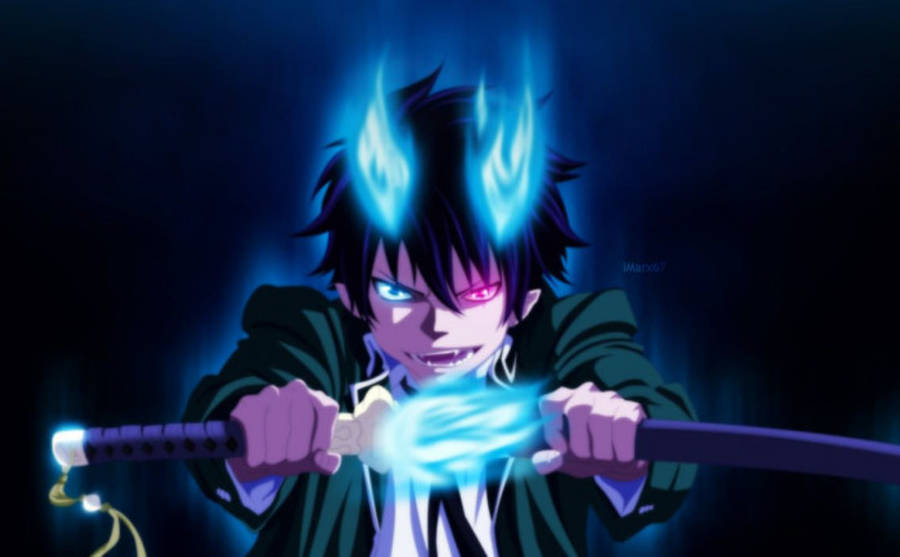 demon boy anime 桌布 壁紙 — 一個動漫戰士，擁有發光的藍色角和眼睛，在黑暗背景中緊握一把發光的劍。