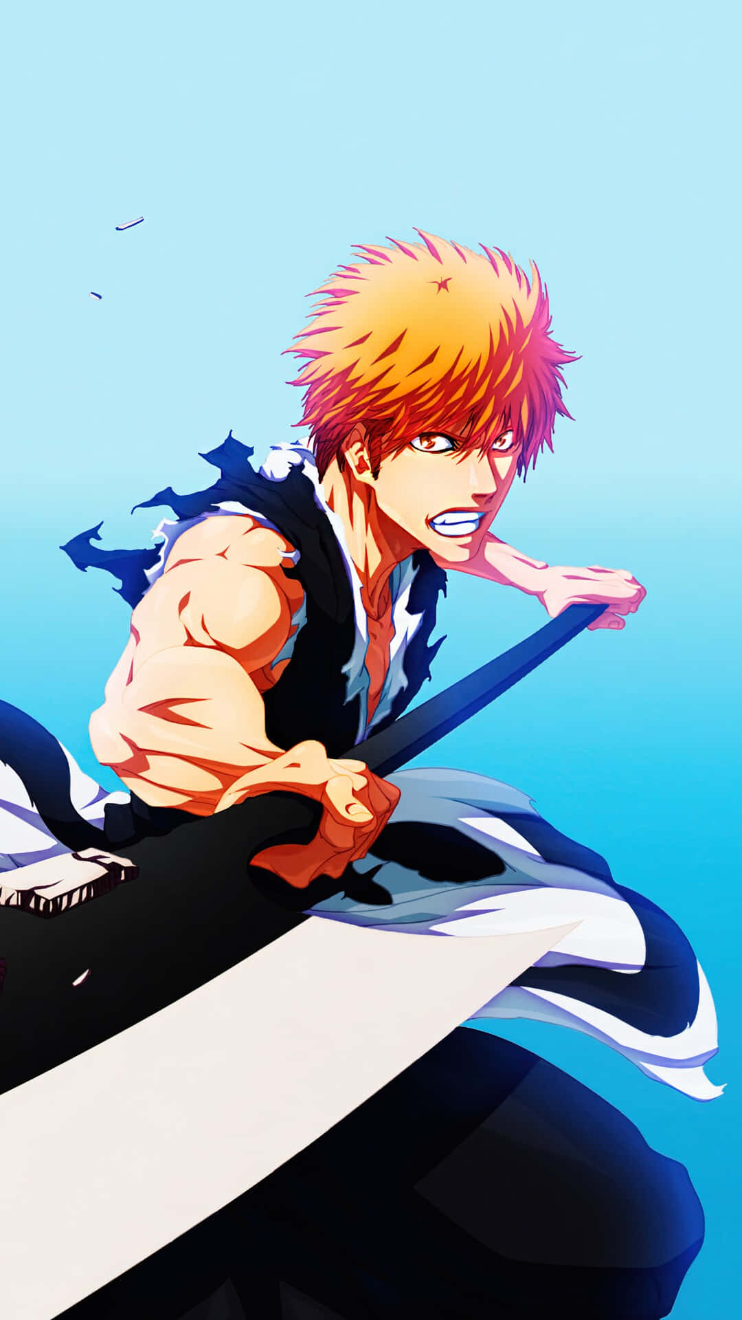 Bleach Thousand-year Blood War Arc 桌布 壁紙 — 一個動漫戰士，有著尖刺的橙色頭髮，握著一把大劍，背景是漸變藍色的天空，有飛揚的碎片。