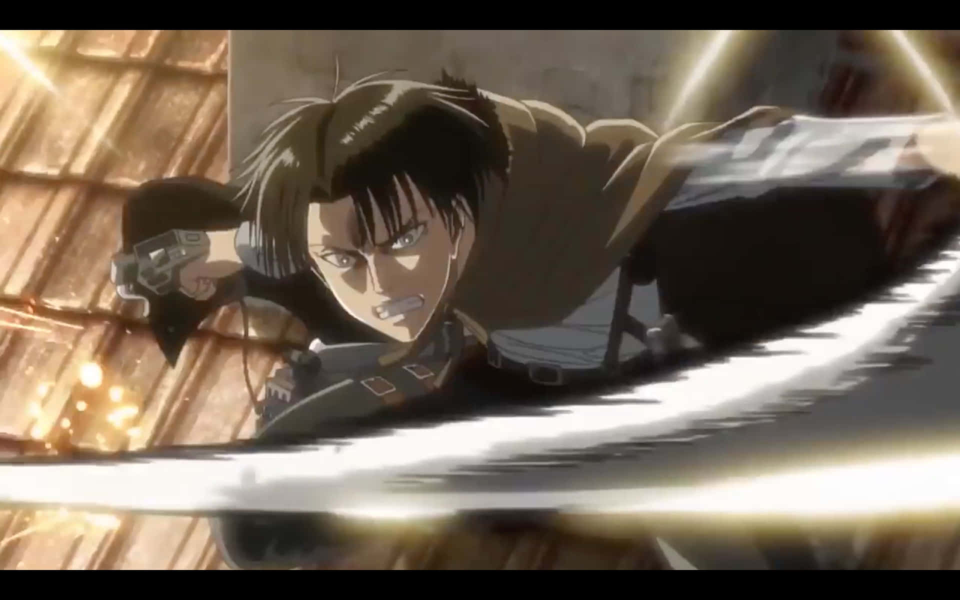 Attack On Titan Season 3 桌布 壁紙 — 一個動漫戰士手持發光劍，穿過陽光照射的木結構向前衝刺，呈現動態戰鬥場景。